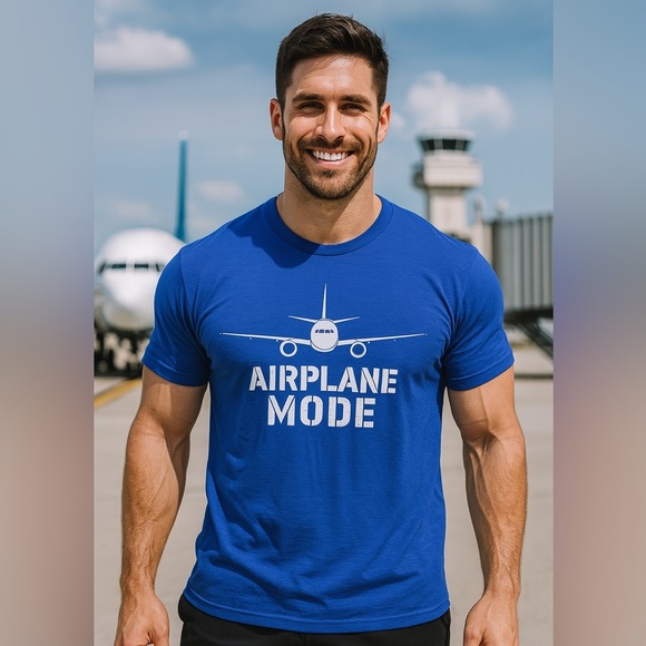 New AIRPLANE MODE T-shirt Aviation Plane Tee Blue White Large L Port & Company - Picture 9 of 9